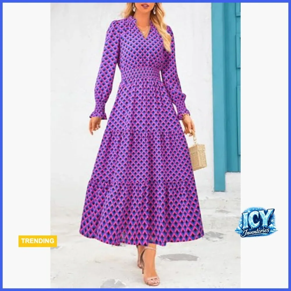 Long Sleeve Maxi Dress with Pockets, V Neck, Flowy Boho Style